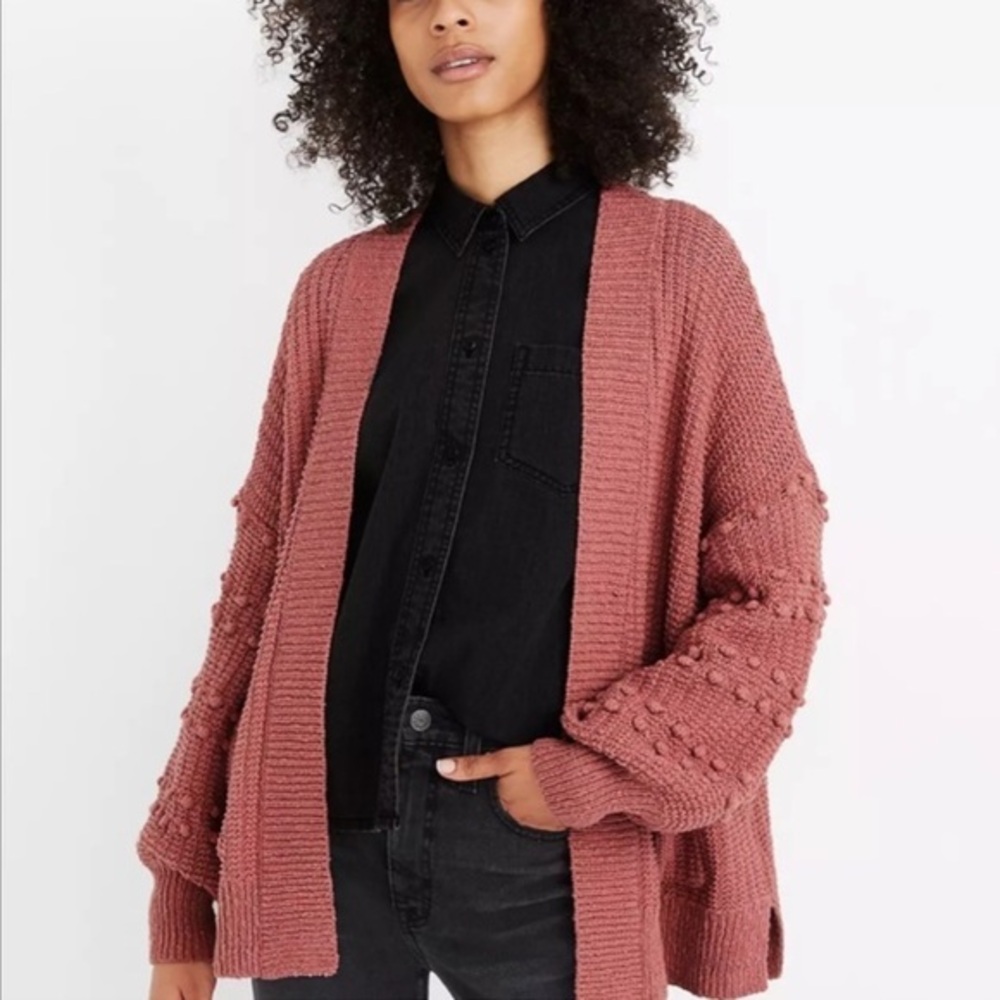 Madewell Bobble Knit Cardigan Dusty Rose Open Front Pom Pom Sleeve Size Small